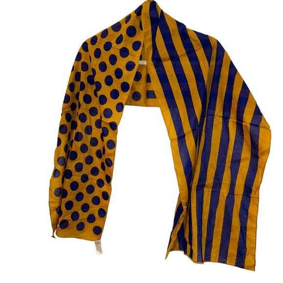 Perry Ellis vintage gold navy blue polka dot stripes scarf 16x64 - Picture 3 of 3